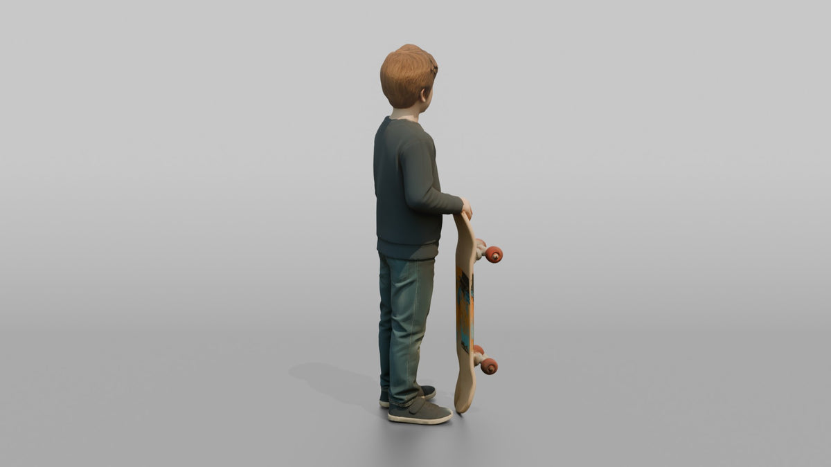 Son Holding A Skateboard Upright At His Side - 3D character model, view 3