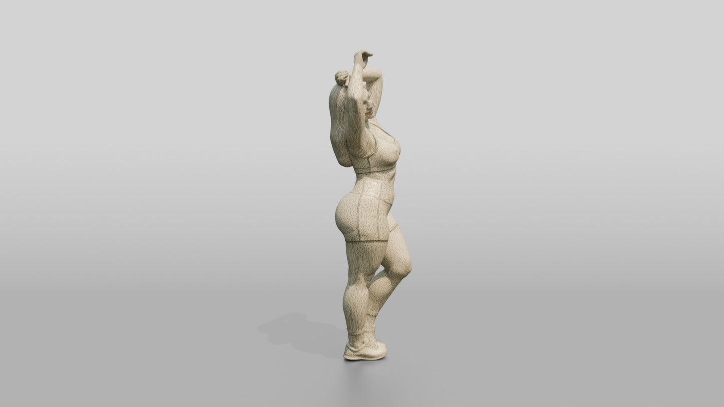 Curvy Woman in Olive Activewear Stretching Overhead