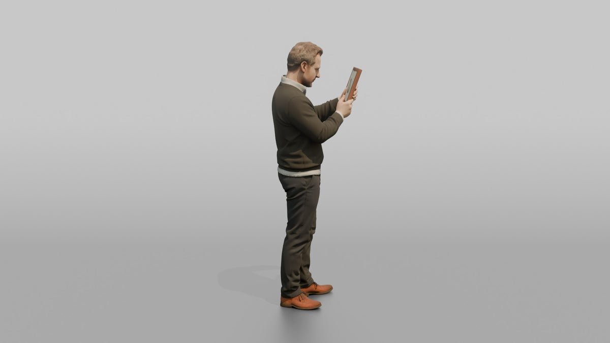 Man Customer Holding Up A Picture Frame To Inspect It Closely - 3D character model, view 2