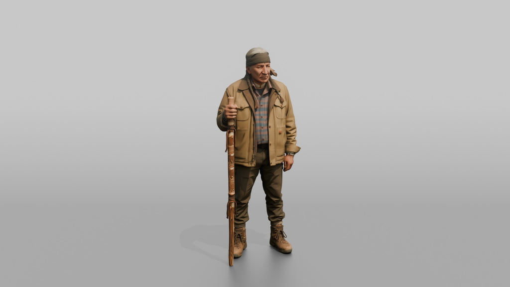 Hiker Holding a Carved Wooden Walking Stick