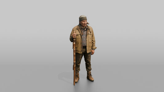 Hiker Holding a Carved Wooden Walking Stick - 3D character model, view 1