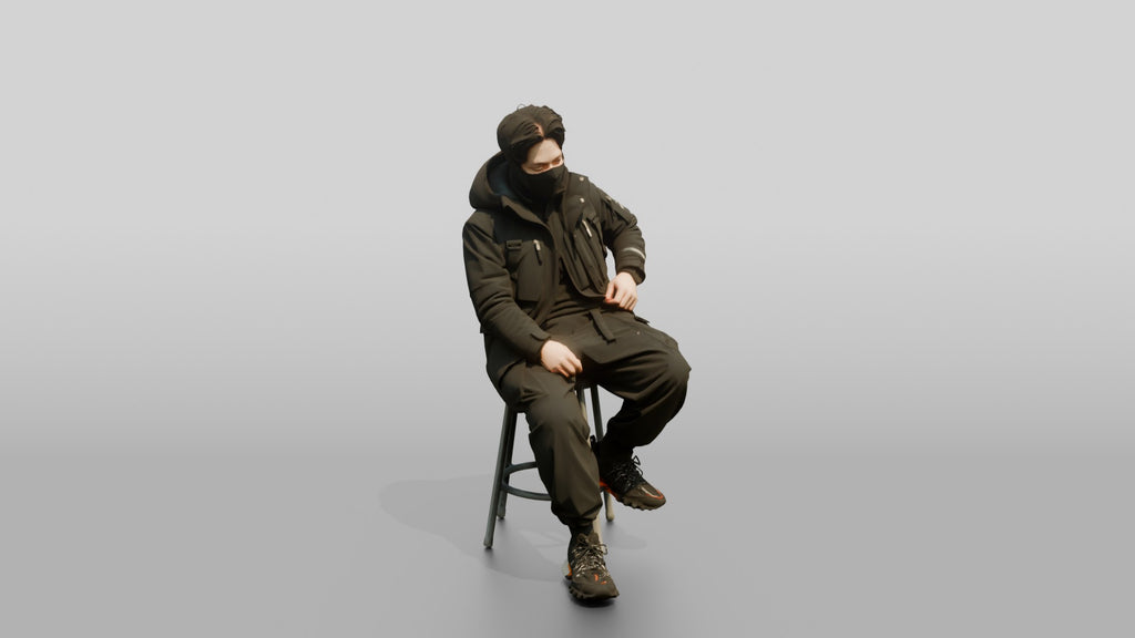 Techwear Man Relaxing on a Stool