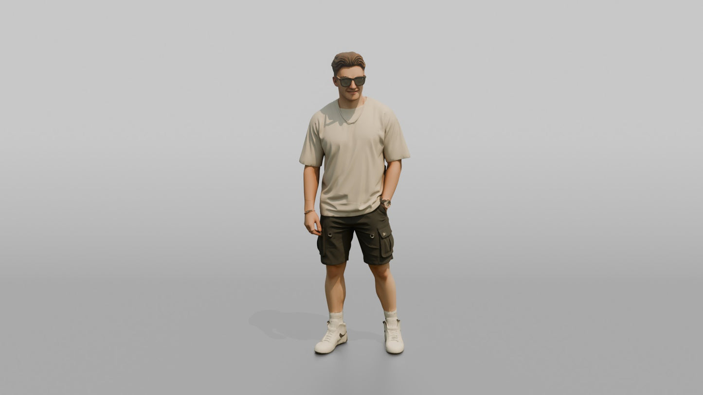 British Man Posing in an Oversized T-Shirt and Cargo Shorts