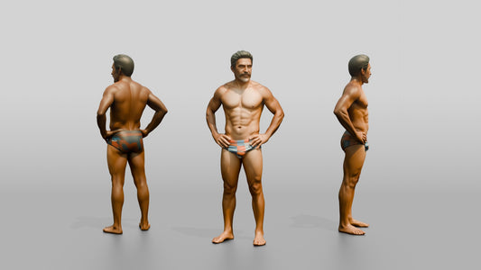 Mestizo Man Standing in Bold Patterned Swim Brief