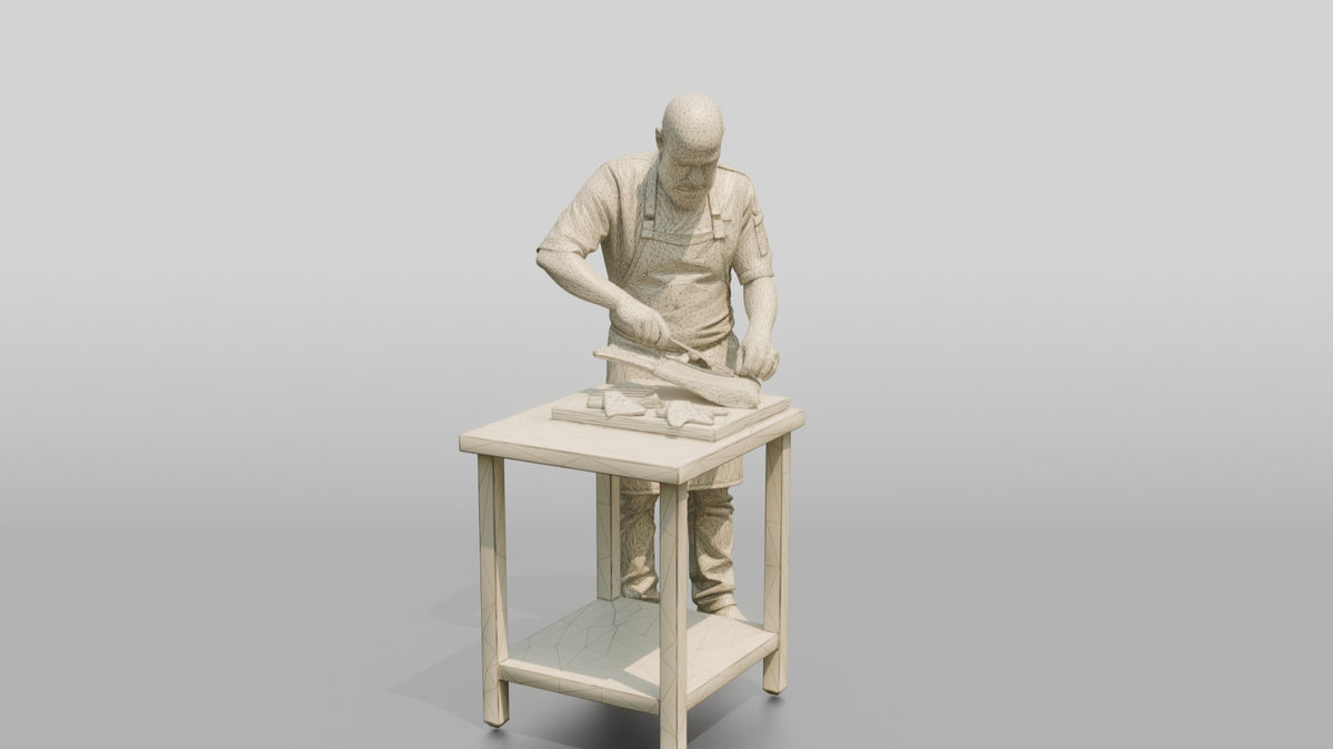 Chef Trimming Rack of Lamb - wireframe topology preview