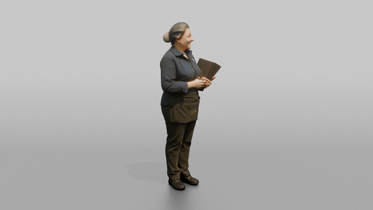 Host Woman Holding A Stack Of Menus And A Pen - 3D character model, view 2