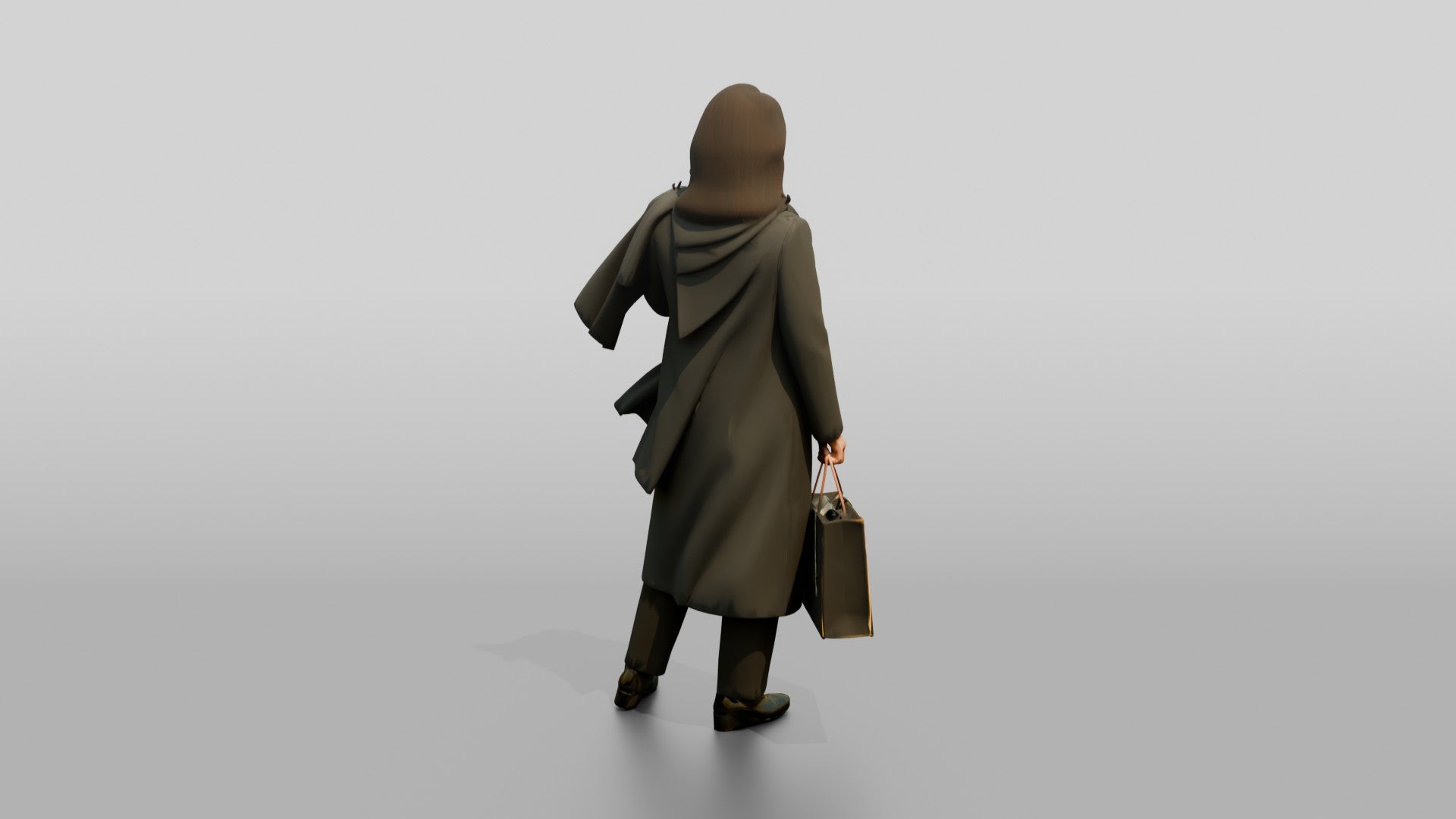 Woman Adjusting Scarf with Designer Shopping Bag