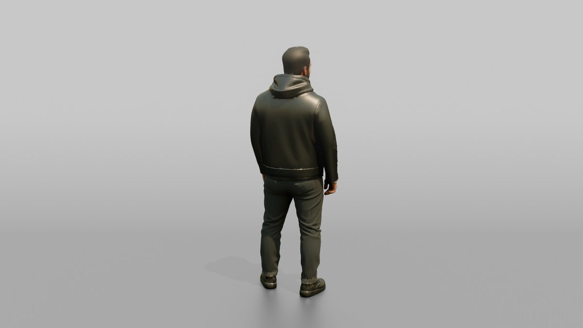 Man in Moto Jacket and Hoodie Standing - 3D character model, view 3