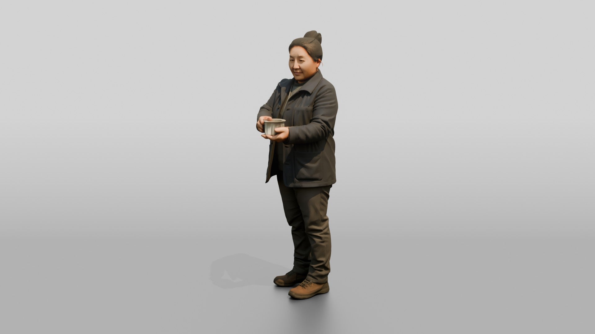 Homeless Woman Holding Out a Small Metal Cup