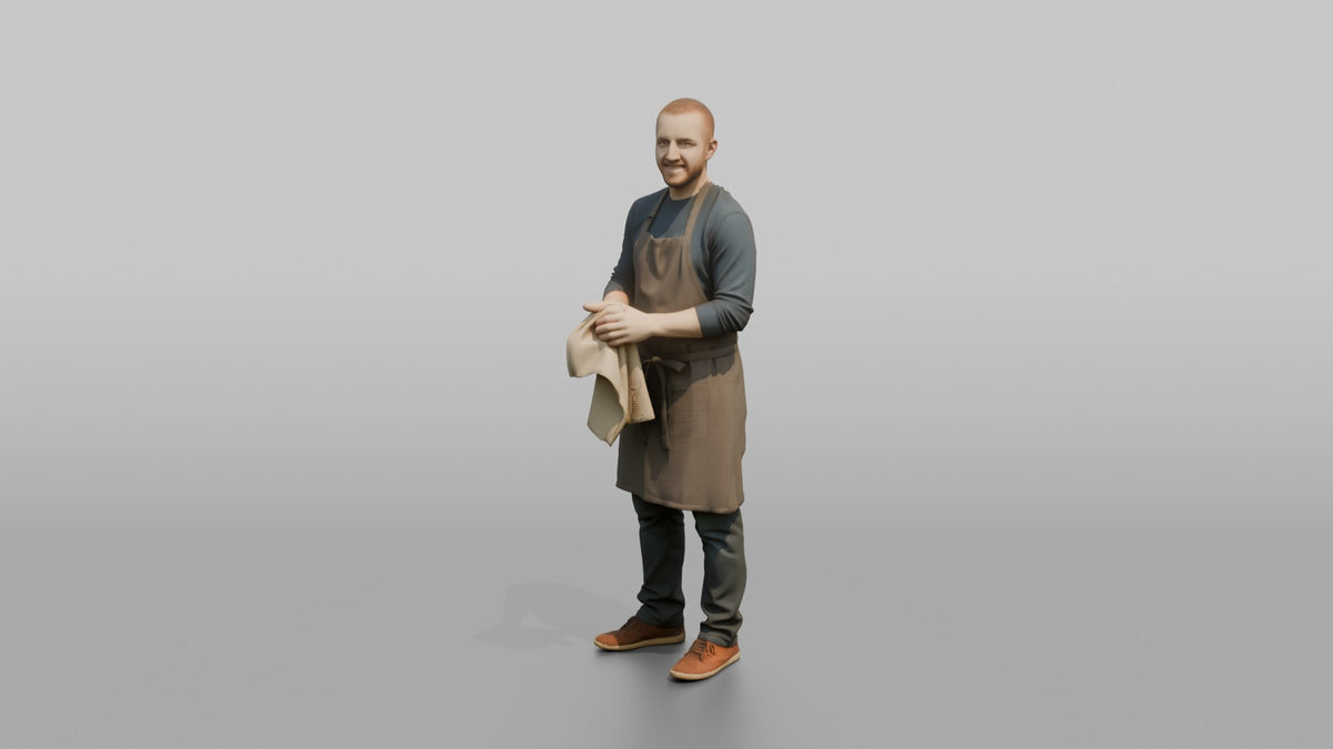 Father Wiping His Hands On A Kitchen Towel, Apron On - 3D character model, view 4
