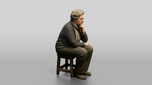 Homeless Woman Looking Pensive While Resting Her Chin on Her Fist - 3D character model, view 1