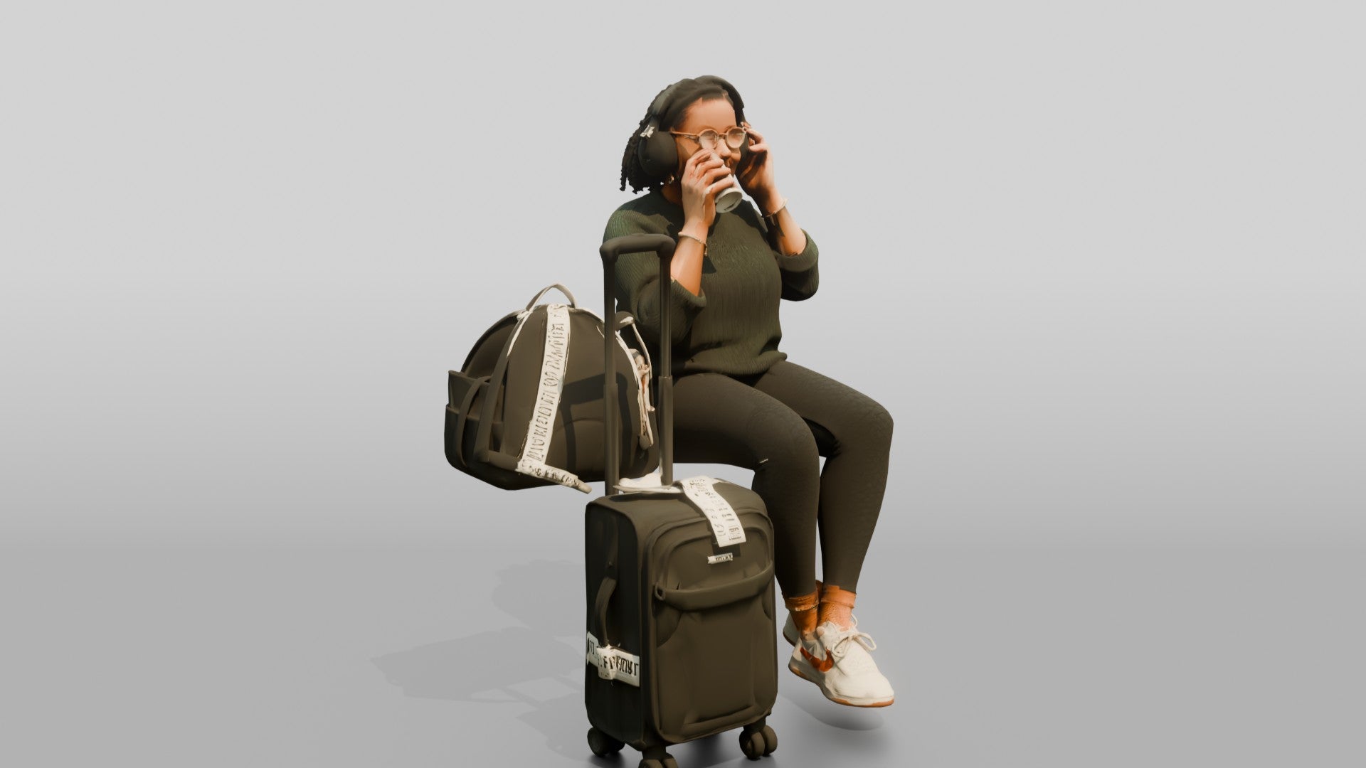 Plus-Size Black Woman Seated with Headphones Drinking Coffee