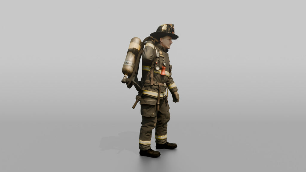 Firefighter Woman Slinging an SCBA Tank Harness Over One Shoulder