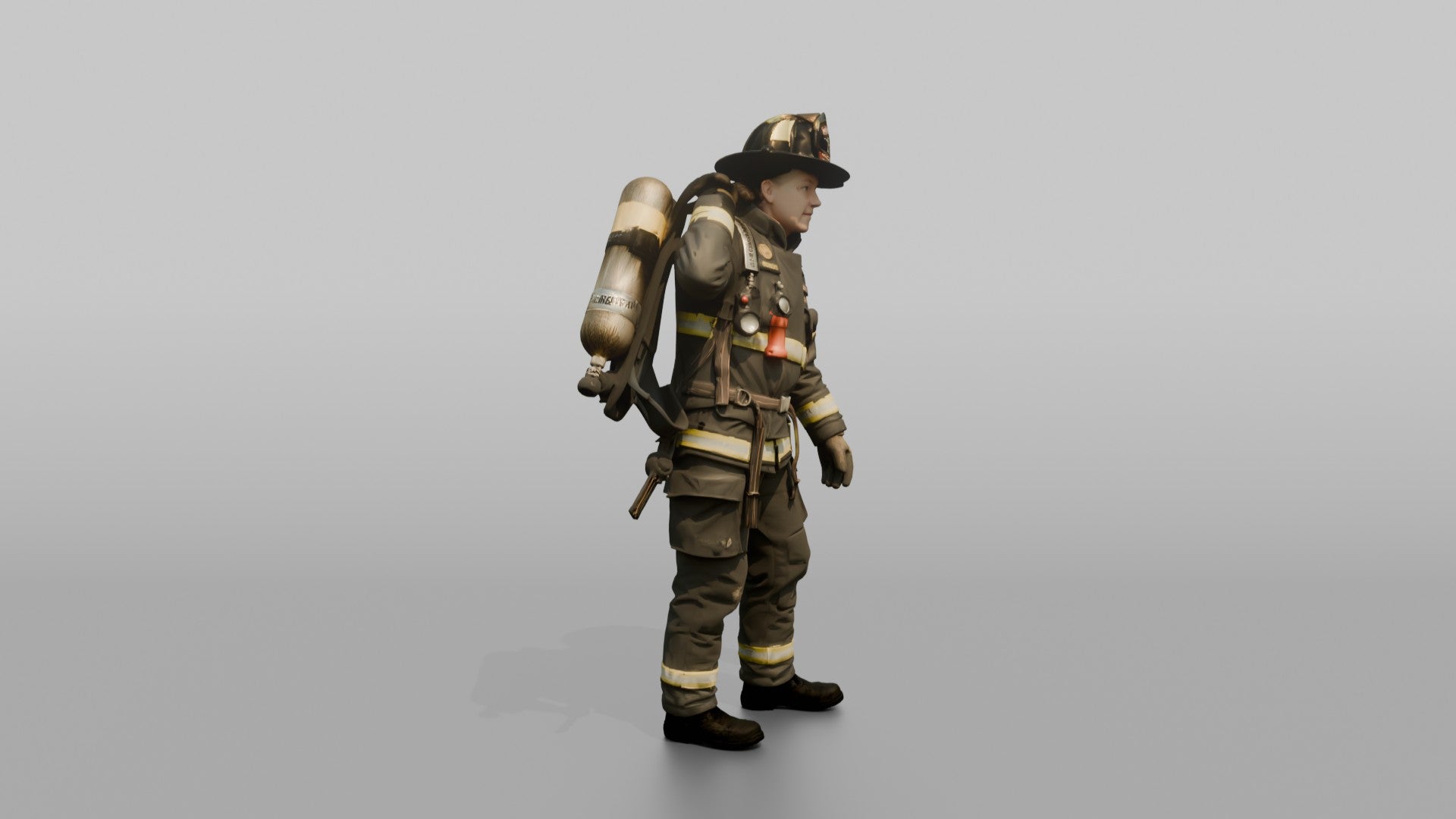 Firefighter Woman Slinging an SCBA Tank Harness Over One Shoulder