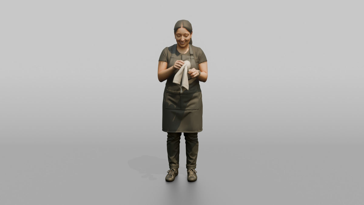 Bartender Woman Wiping A Cocktail Glass With A Bar Towel - 3D character model, view 5