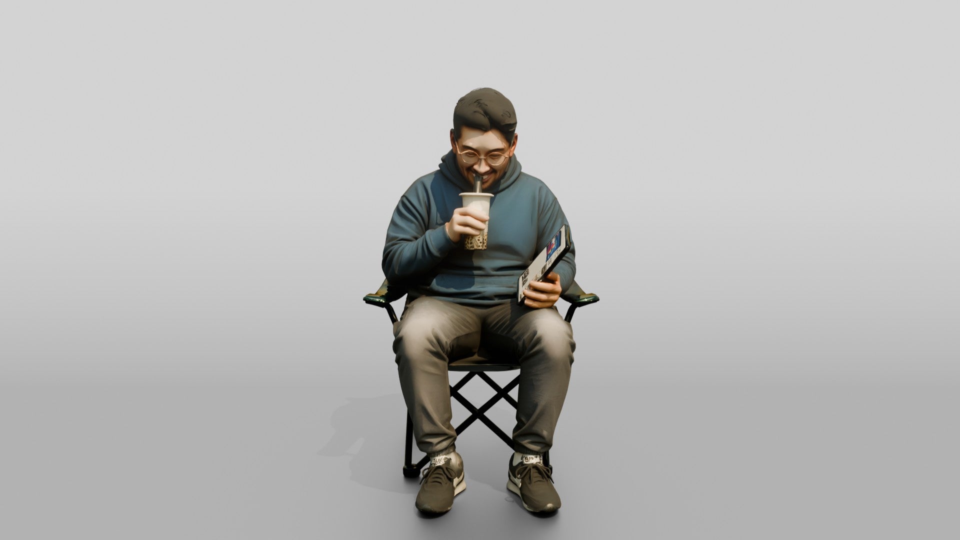 Chinese Man Relaxing with Bubble Tea and Tablet