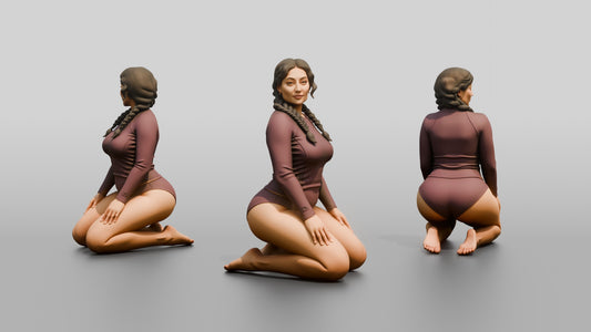 Curvy Woman in Burgundy Rash Guard Kneeling
