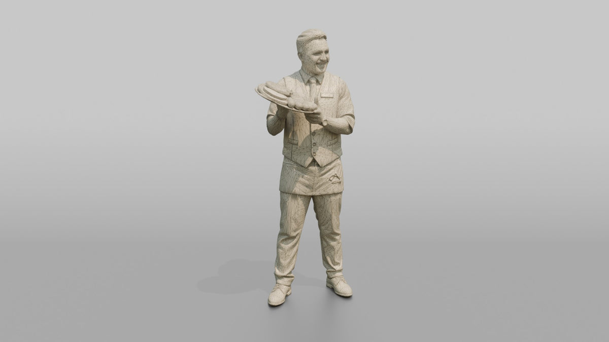 Server Man Carrying A Tray Of Appetizers - wireframe topology preview