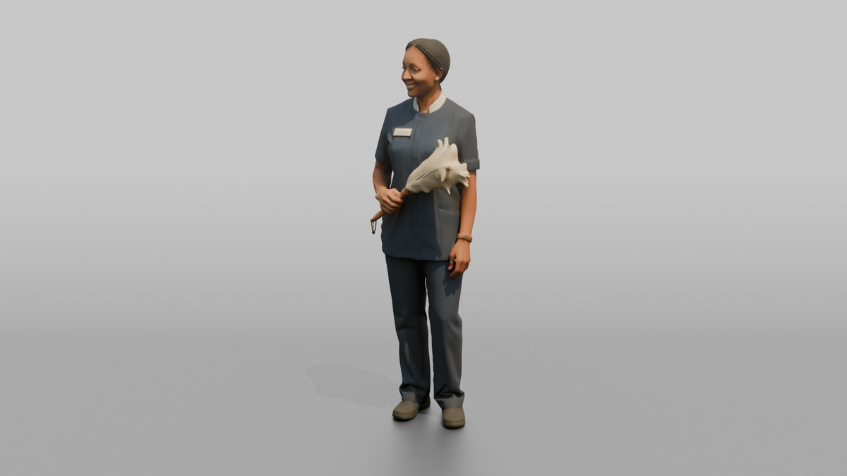 Housekeeping Staff Man Holding A Feather Duster - 3D character model, view 4