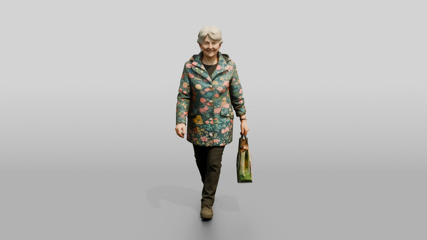Elderly White Woman in Floral Raincoat with Shopping Bag