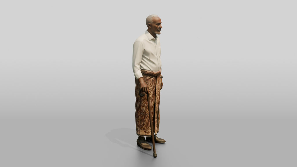 Elderly African Man in Patterned Sarong Leaning on a Cane