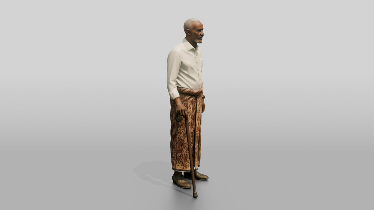Elderly African Man in Patterned Sarong Leaning on a Cane - 3D character model, view 2