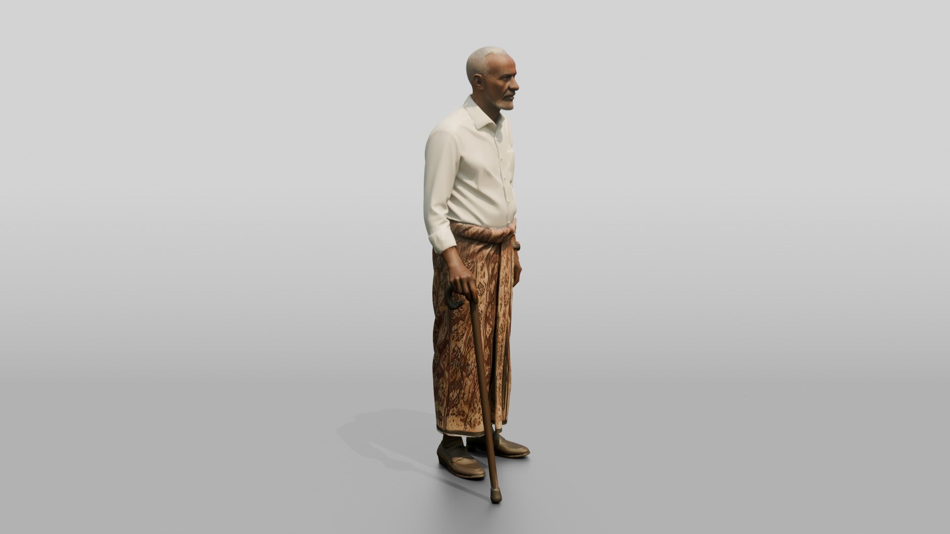 Elderly African Man in Patterned Sarong Leaning on a Cane