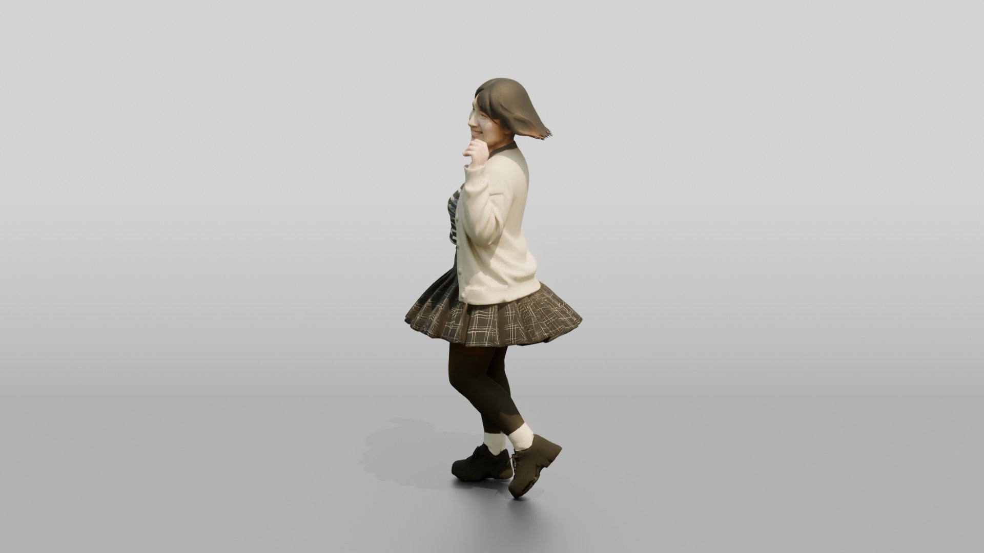 Asian Woman Spinning in Pleated Skirt