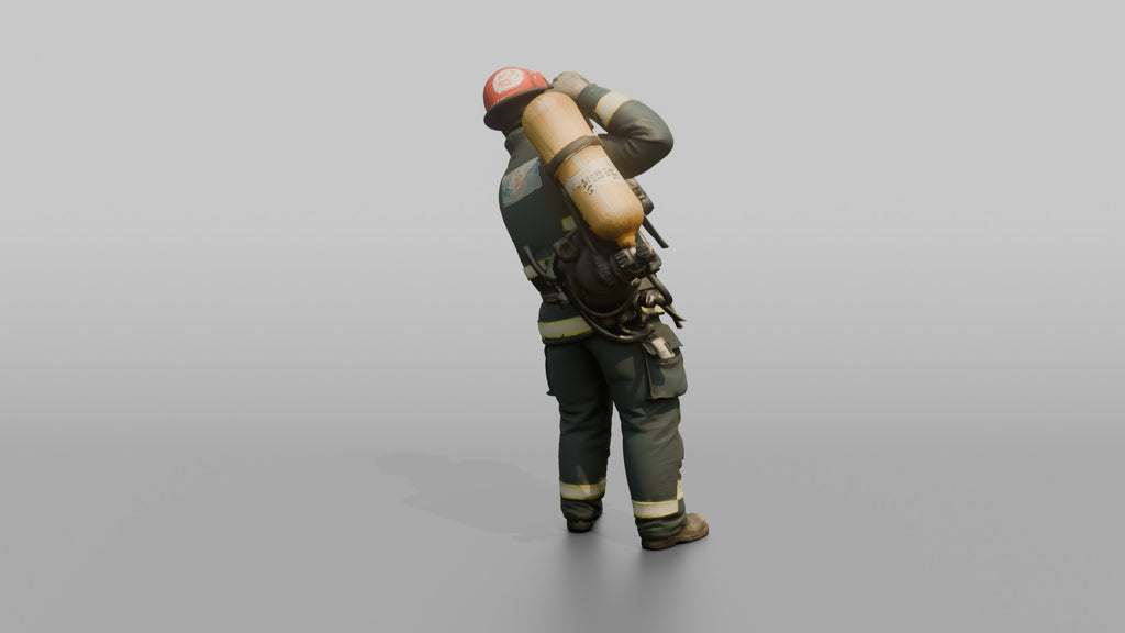 Firefighter Man Hoisting an SCBA Tank Onto His Back