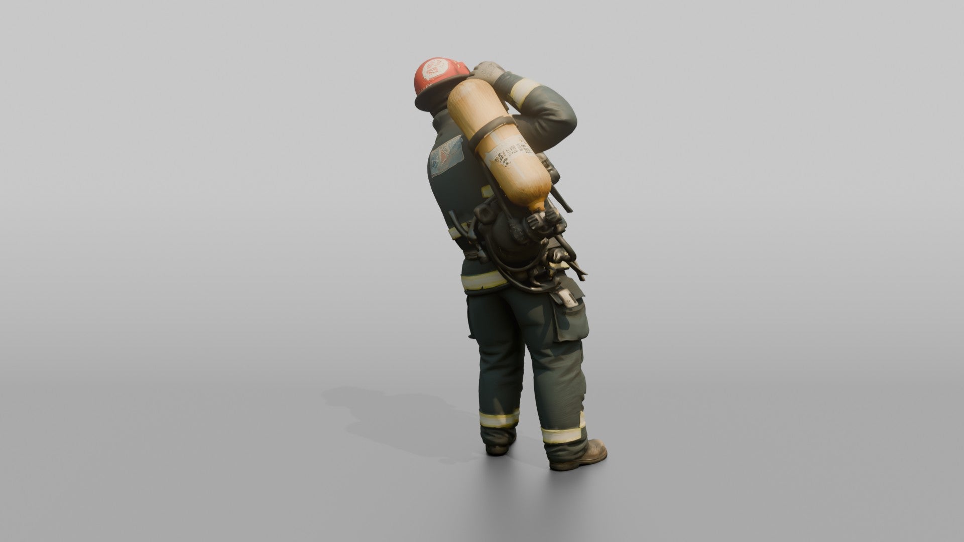 Firefighter Man Hoisting an SCBA Tank Onto His Back
