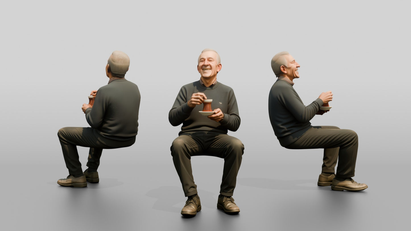 Elderly Man Laughing with Tea Glass