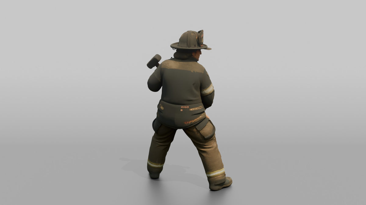 Firefighter Woman Standing in Dynamic Stance with a Sledgehammer - 3D character model, view 3