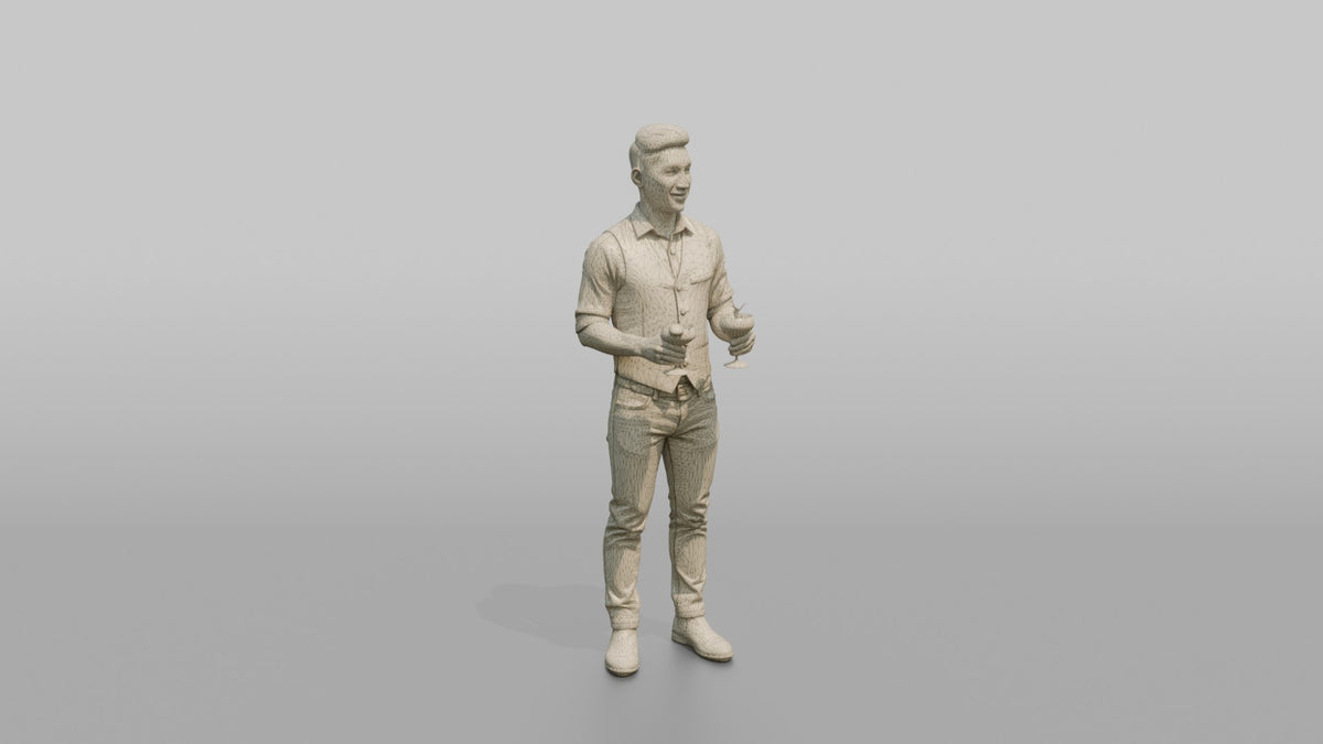 Bartender Man Holding Two Cocktail Glasses - wireframe topology preview
