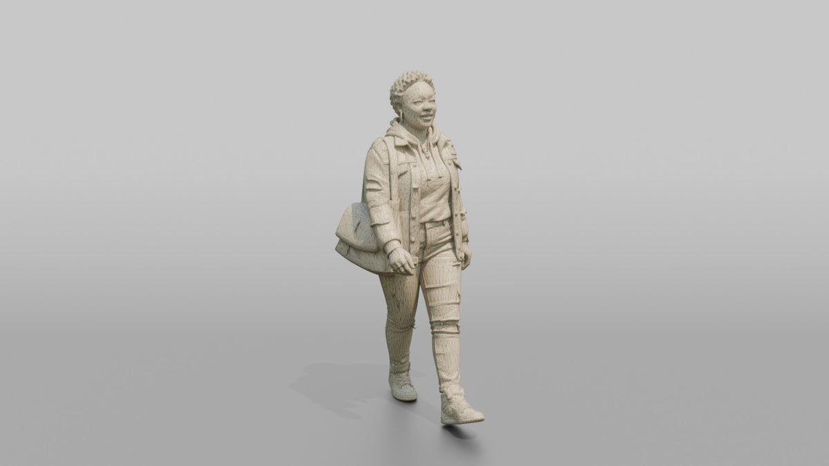 African Woman in Patched Denim Jacket Walking - wireframe topology preview