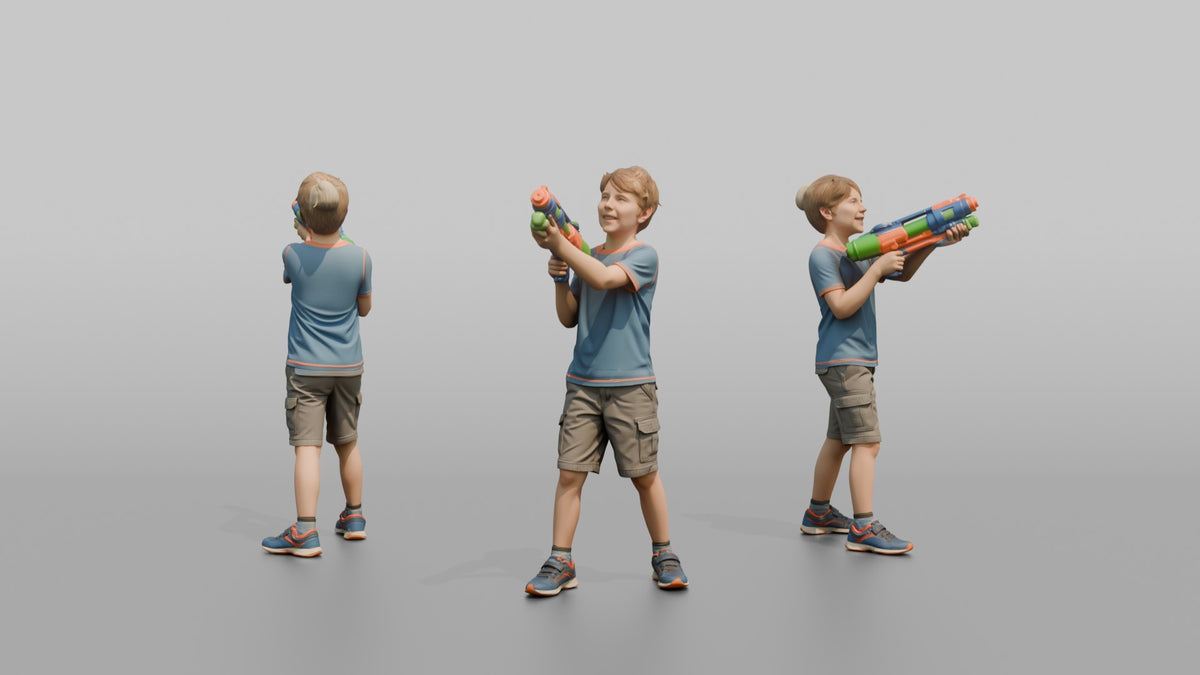 Son Holding A Water Gun Pointed Slightly Upward - 3D character model, view 1