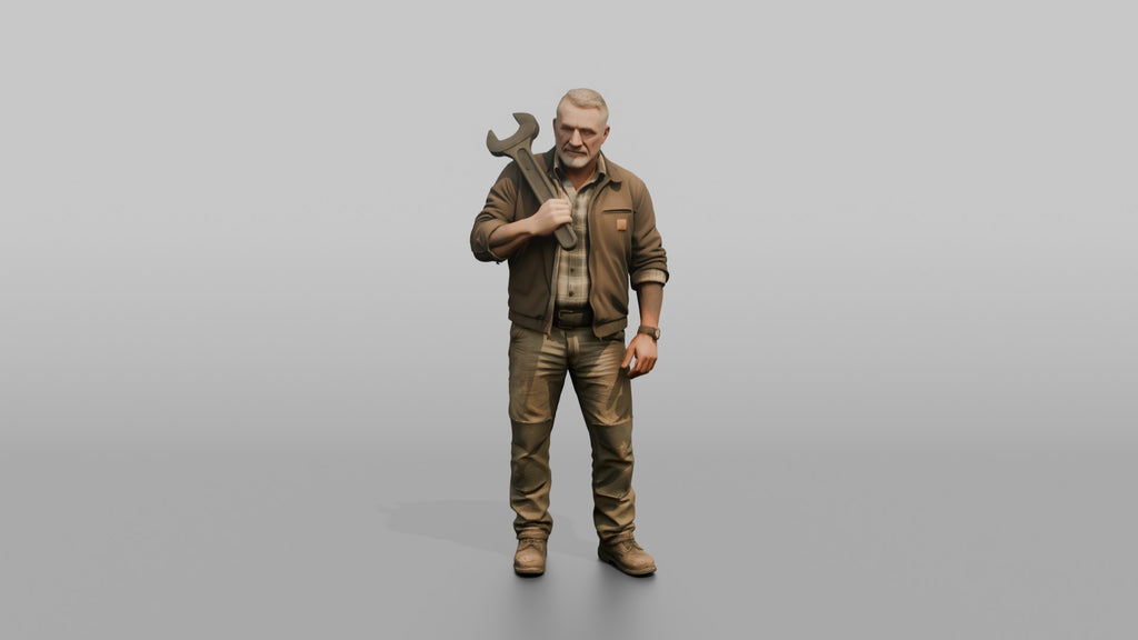 Farmer Holding Heavy Spanner Wrench Over Shoulder