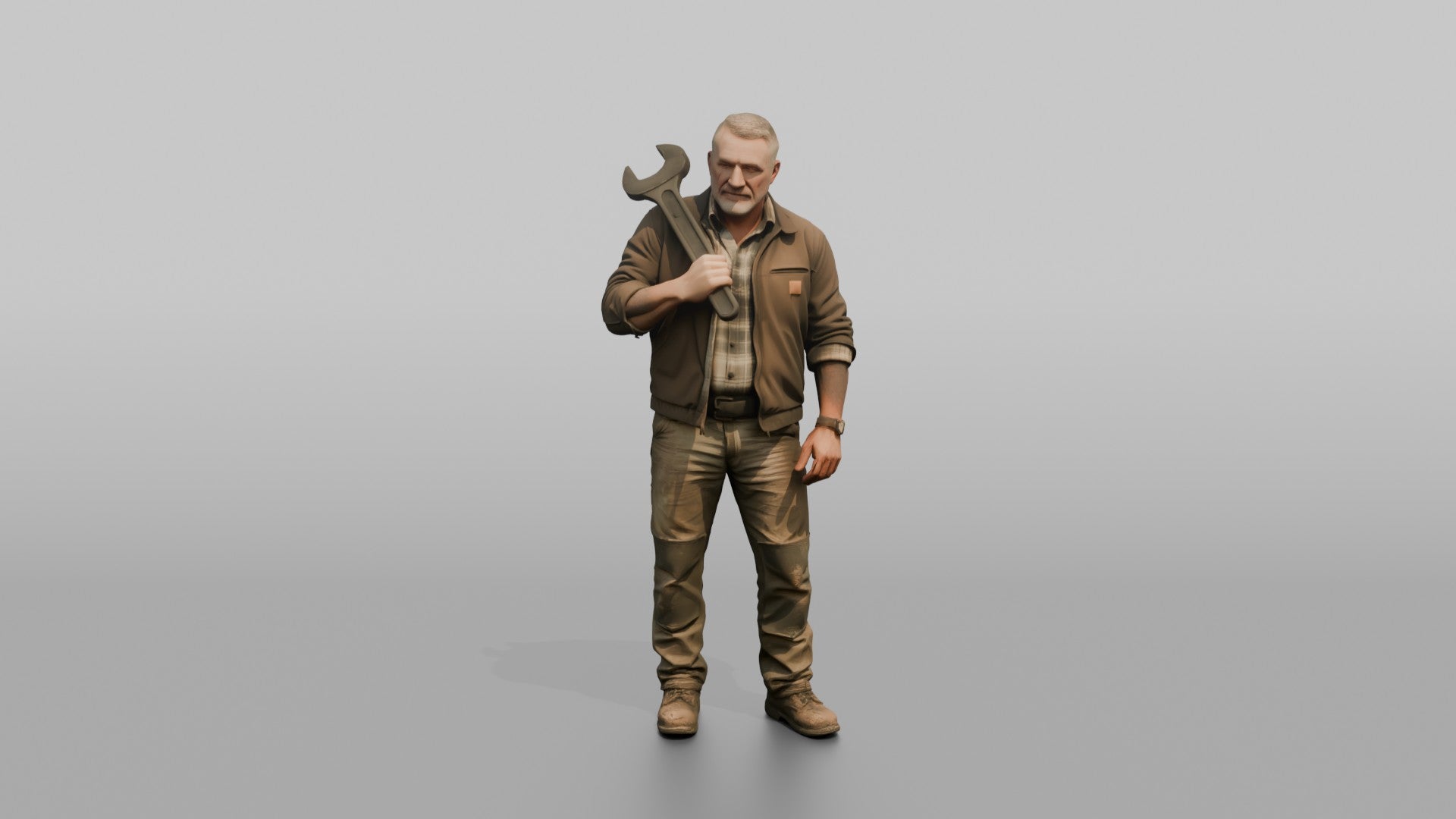 Farmer Holding Heavy Spanner Wrench Over Shoulder