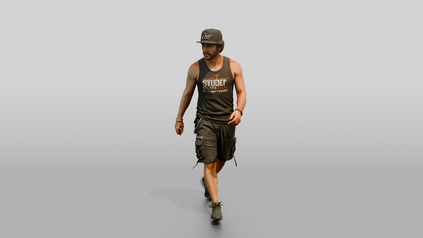 Latino Man Walking the Boardwalk in Graphic Tank Top