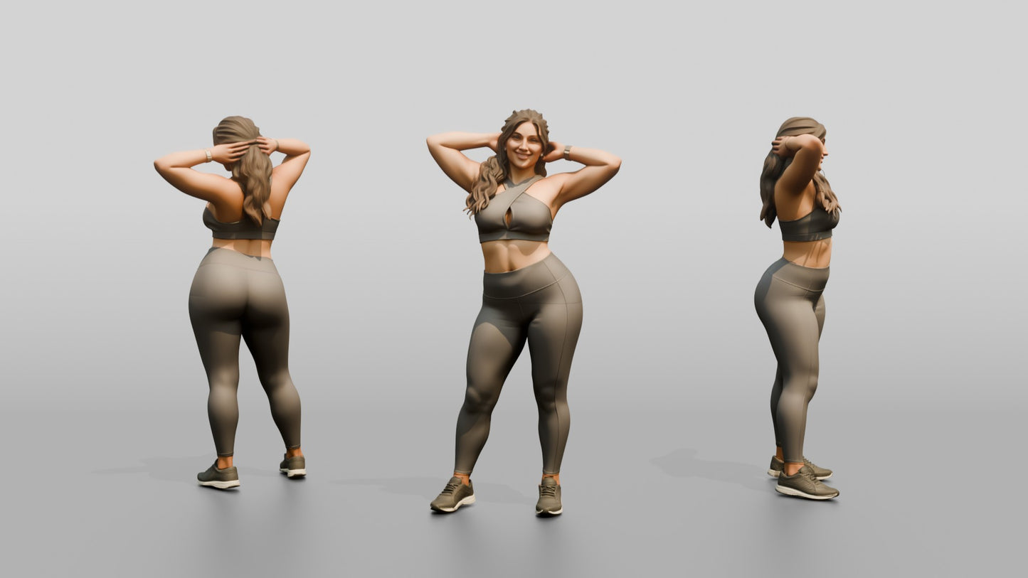 Curvy Woman in Grey Activewear with Arms Raised
