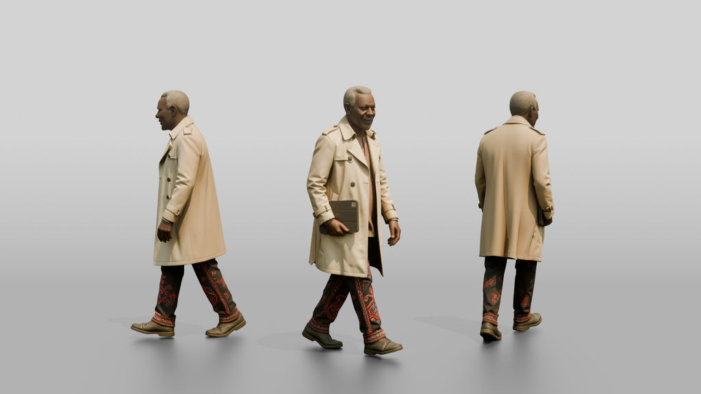 Elderly African Man in a Trench Coat Holding a Tablet