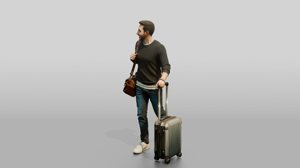 Young Man Walking with Rolling Suitcase and Leather Duffel Bag