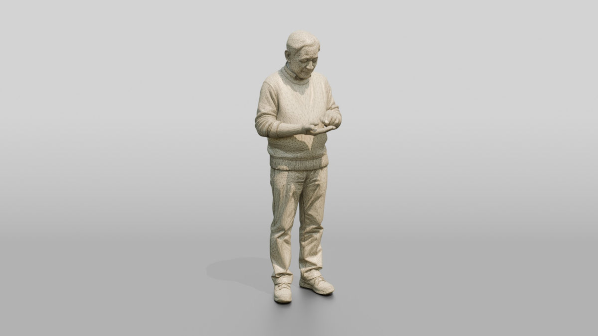 Homeless Man Counting Coins in His Open Palm - wireframe topology preview