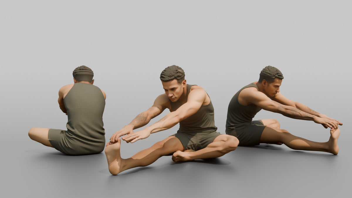 Fitness Influencer Man Stretching One Leg Forward, Hands Reaching Toward The Foot - 3D character model, view 1