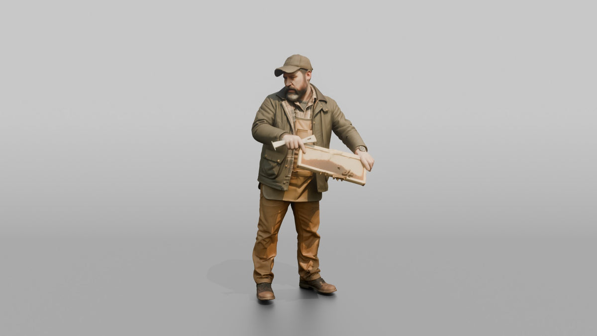 Farmer Scraping Wax Off Beehive Frame - 3D character model, view 5