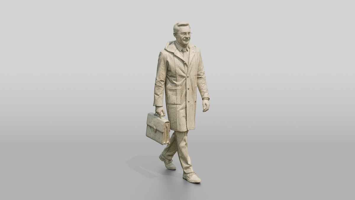 White Man in Suit Under Transparent Raincoat - wireframe topology preview