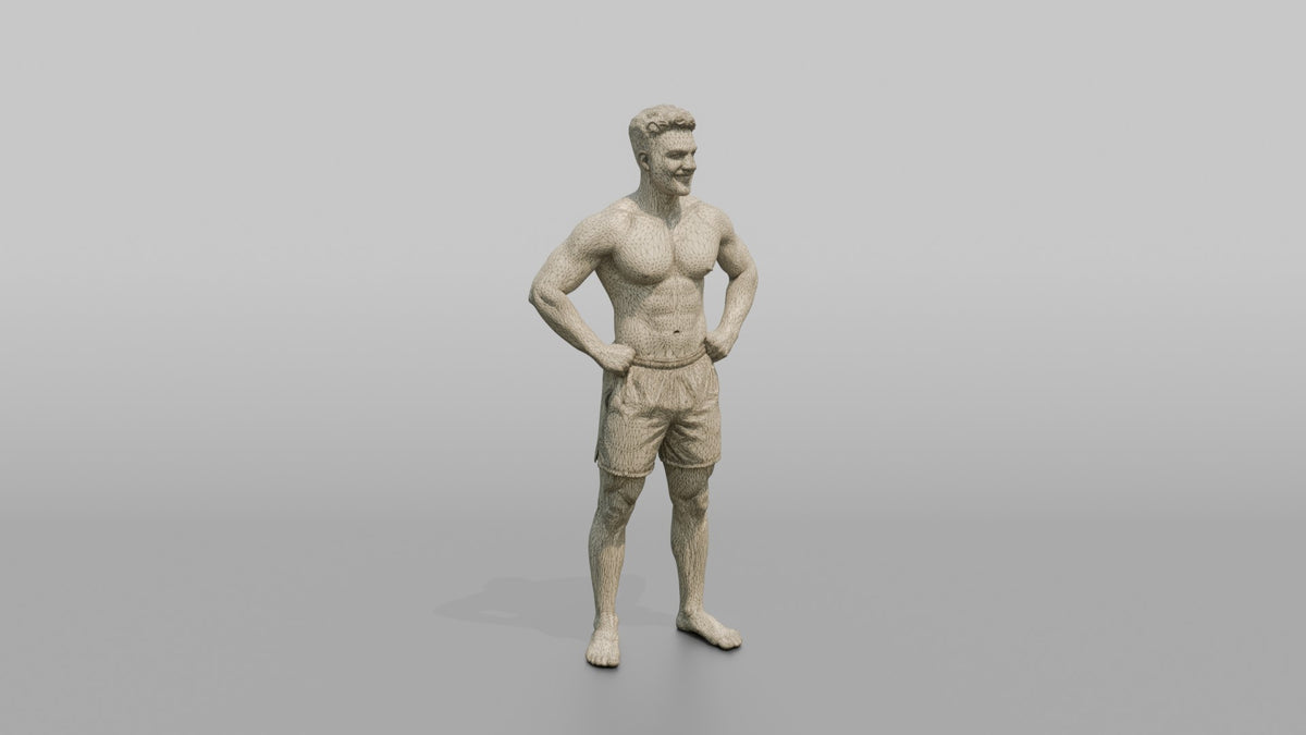 Physique Model Man Standing With Hands On Hips, Chest Out, Confident Pose - wireframe topology preview