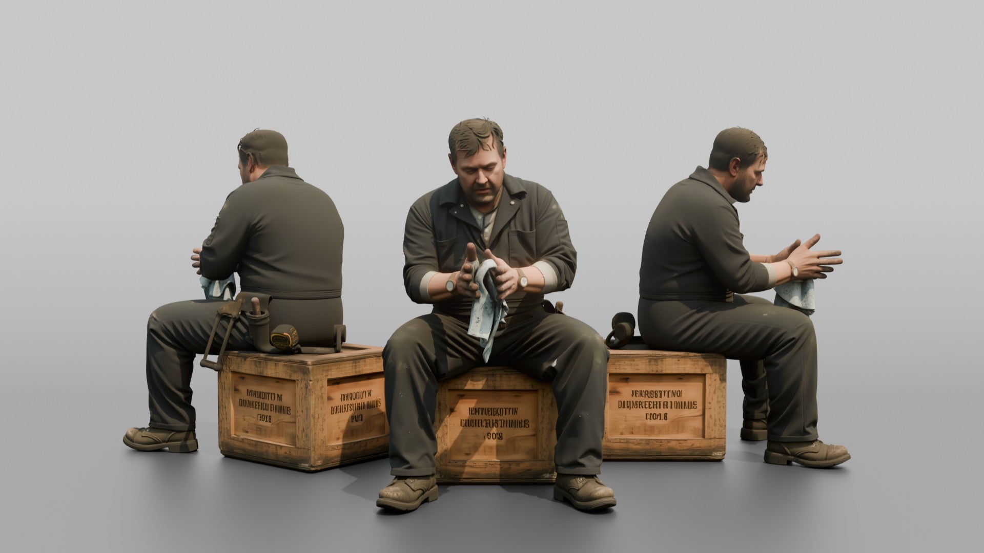 Engineer Resting on a Crate After a Long Shift