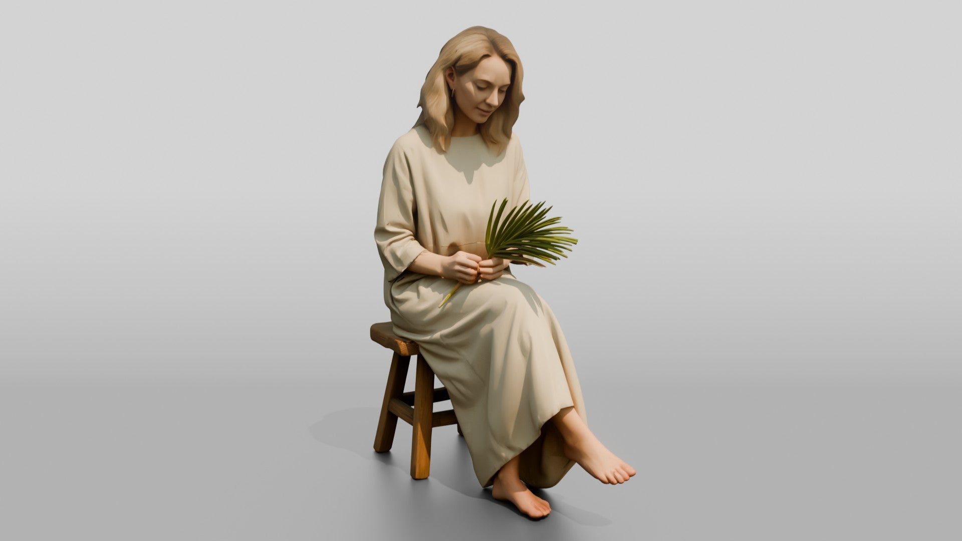 Woman Holding a Palm Leaf on a Chair