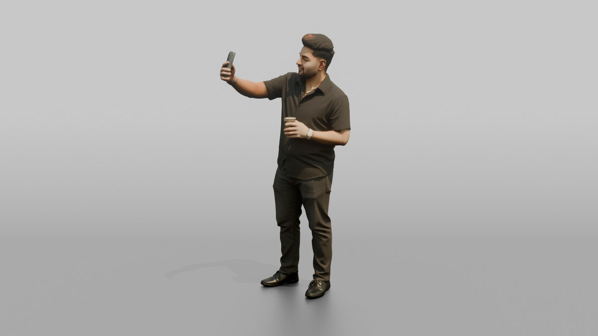 Patron Man Holding A Drink And A Phone, Taking A Photo - 3D character model, view 4