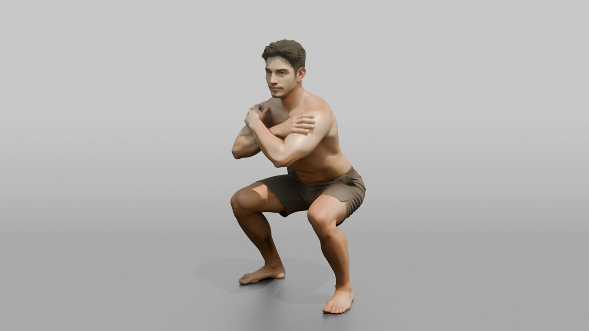Bodyweight Athlete Man Holding A Deep Squat Position, Arms Crossed - 3D character model, view 4